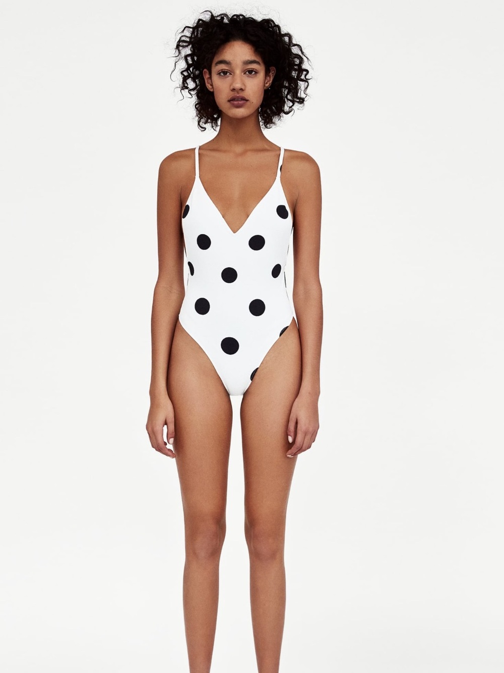 ZARA White Polka Dot V-Neck One-Piece Swimsuit